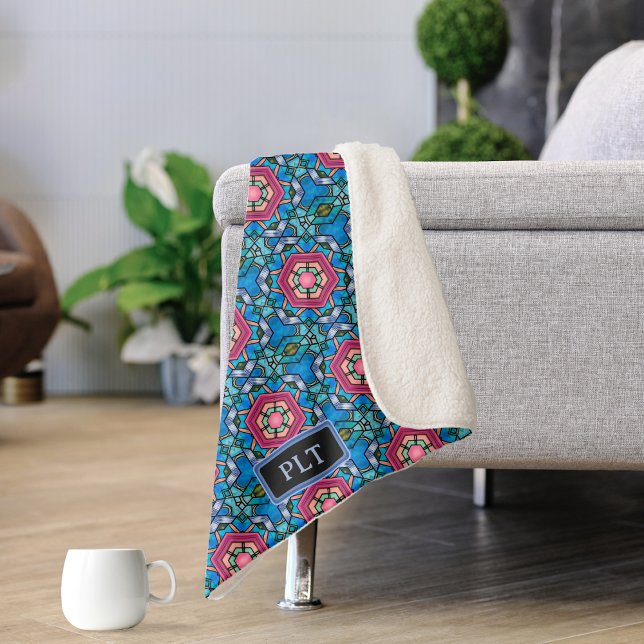 Blue Glass with Pink - Art Deco - Add initials to Sherpa Blanket (Creator Uploaded)