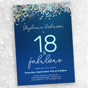 Blue Glitter 18 and Fabulous 18th Birthday Party Invitation