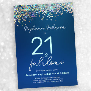 Blue Glitter 21 and Fabulous 21st Birthday Party Invitation