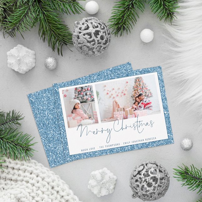 Blue Glitter 2 Photo Script Merry Christmas Card (Creator Uploaded)