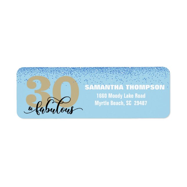 Blue Glitter 30 & Fabulous Return Address  Label (Front)
