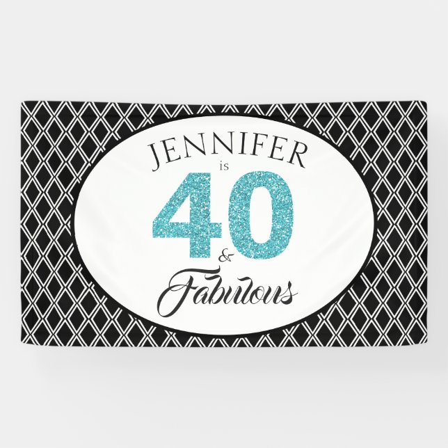 Blue Glitter 40 and Fabulous Custom 40th Birthday Banner (Horizontal)