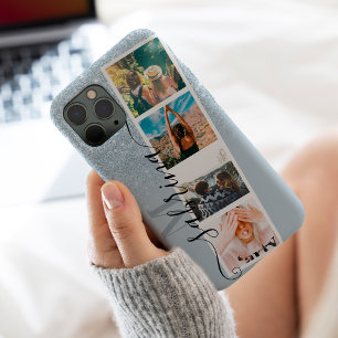Blue glitter 4 photo grid collage name monogram iPhone 13 pro max case