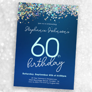 Blue Glitter 60th Birthday Party Invitation