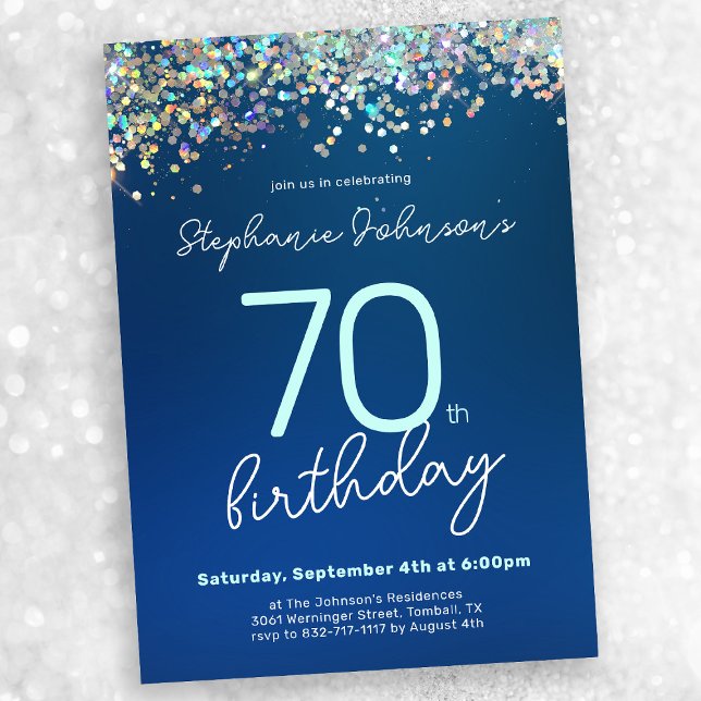 Blue Glitter 70th Birthday Party Invitation (Mock-up view)