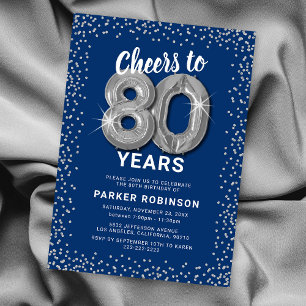 Blue Glitter 80th Birthday Invitation