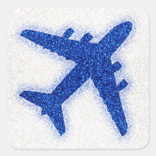 Blue glitter aeroplane round sticker labels