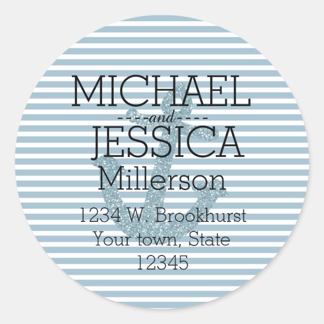 Blue Glitter Anchor Stripes Personalised address Classic Round Sticker (Front)