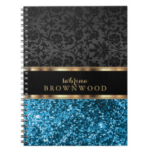 Blue Glitter and Black Damask  Notebook