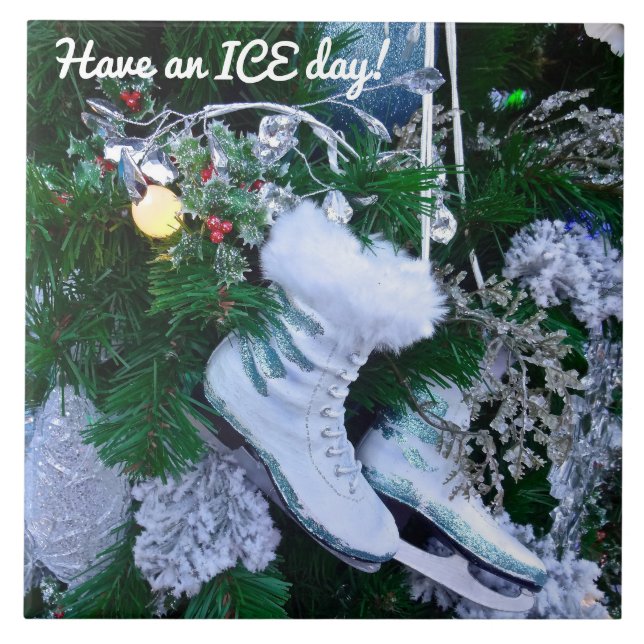 Blue Glitter and Fur Ice Skates on Christmas Tree Tile (Front)