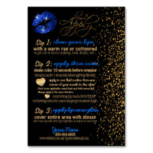 Blue Glitter and Gold Confetti Lip Instructions Table Number