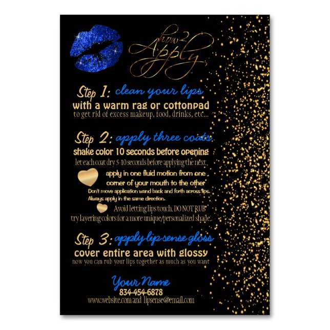 Blue Glitter and Gold Confetti Lip Instructions Table Number (Front)