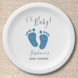 Blue Glitter Baby Feet Baby Shower Paper Plate