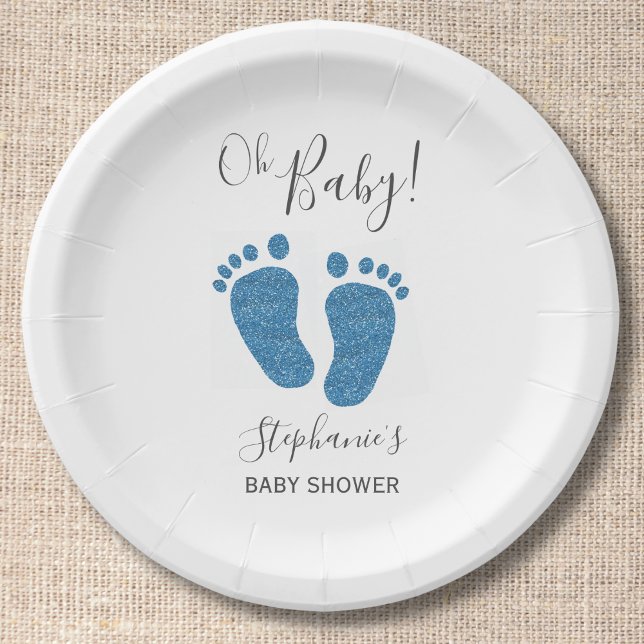 Blue Glitter Baby Feet Baby Shower Paper Plate (Creator Uploaded)