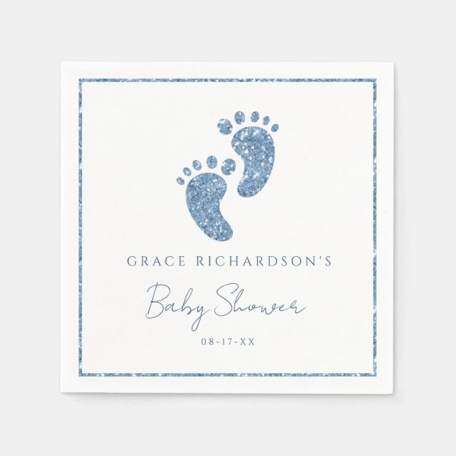 Blue Glitter Baby Feet Baby Shower Personalised Napkin (Front)