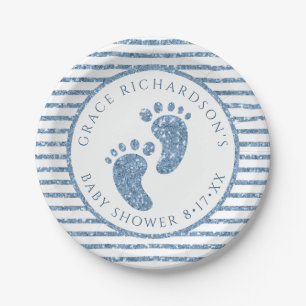 Blue Glitter Baby Feet Baby Shower Personalised  Paper Plate