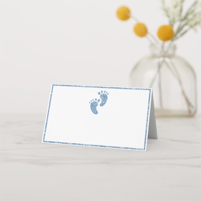 Blue Glitter Baby Feet Baby Shower Tent Place Card (Front)