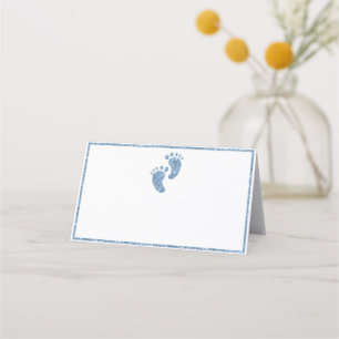 Blue Glitter Baby Feet Baby Shower Tent Place Card