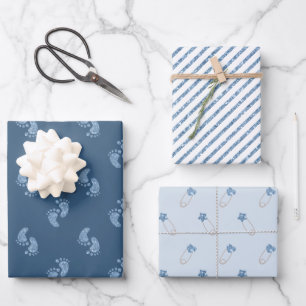 Blue Glitter Baby Feet Baby Shower Wrapping Paper 