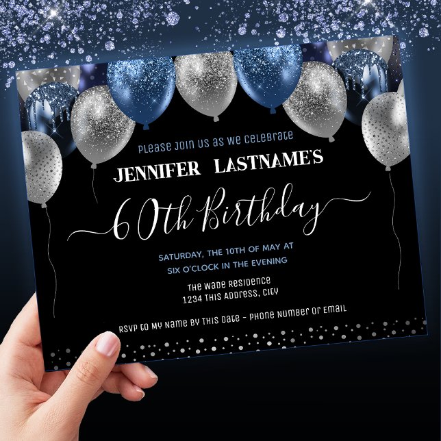 Blue Glitter Balloons 60th Birthday Party Invitation (Creator Uploaded)