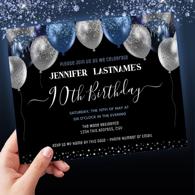 Blue Glitter Balloons 90th Birthday Party Invitation (Creator Uploaded)