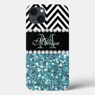 BLUE GLITTER BLACK CHEVRON MONOGRAMMED iPhone 13 CASE