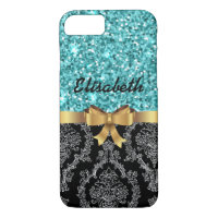Blue GLITTER  BLACK DAMASK  GOLDEN BOW MONOGRAM