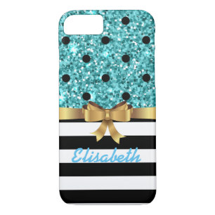 Blue GLITTER BLACk polka dot  GOLD BOW MONOGRAM Case-Mate iPhone Case
