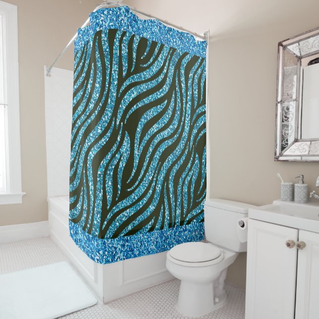 Blue Glitter Black Zebra Skin Pattern Trendy Shower Curtain (In Situ)