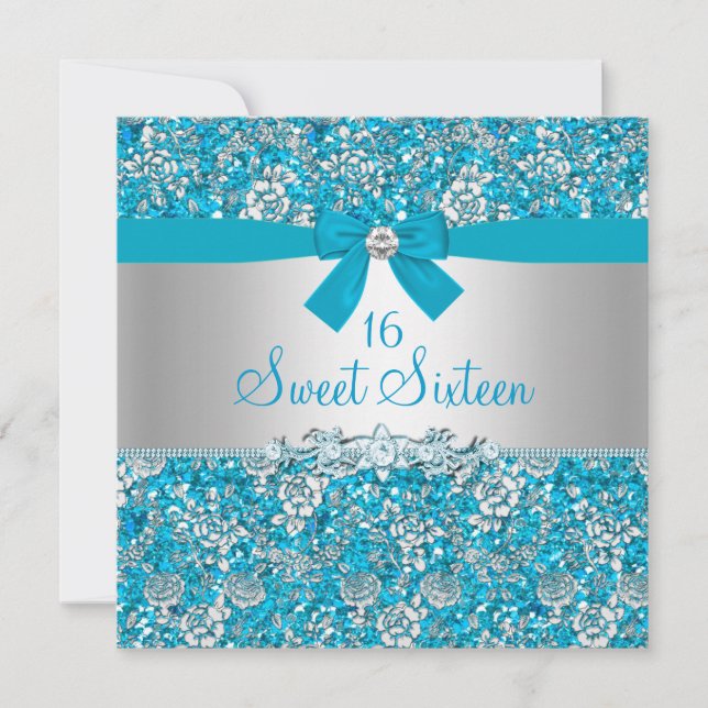 Blue Glitter & Bow Sweet Sixteen Invite (Front)