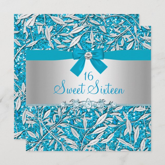 Blue Glitter & Bow Sweet Sixteen Invite (Front/Back)