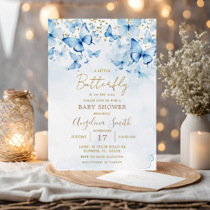 Blue Glitter Butterfly Baby Shower Invitation 