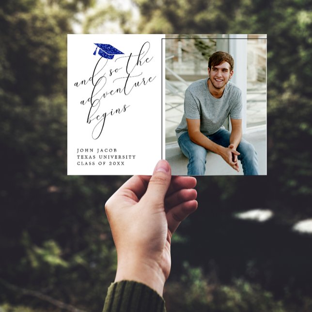 Blue Glitter Cap Quotes Photo Modern Graduation Announcement (Creator Uploaded)