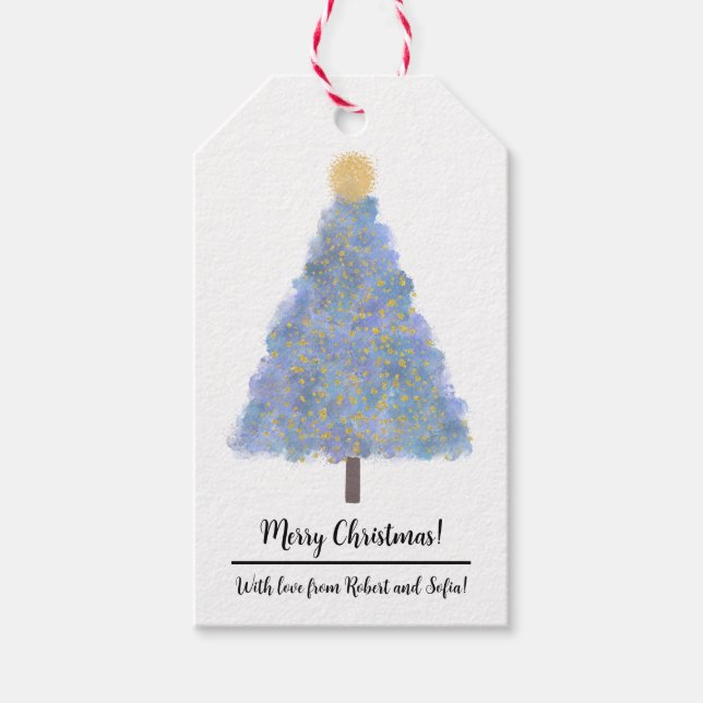 Blue glitter christmas tree gift tags (Front)