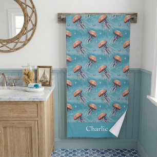Blue Glitter Coastal Jellyfish Bath Towel