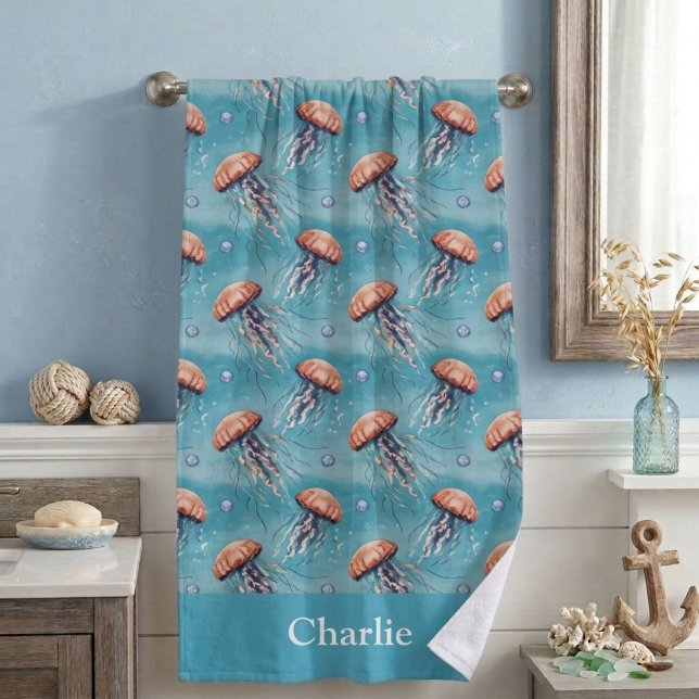 Blue Glitter Coastal Jellyfish Beach Towel (Creator Uploaded)