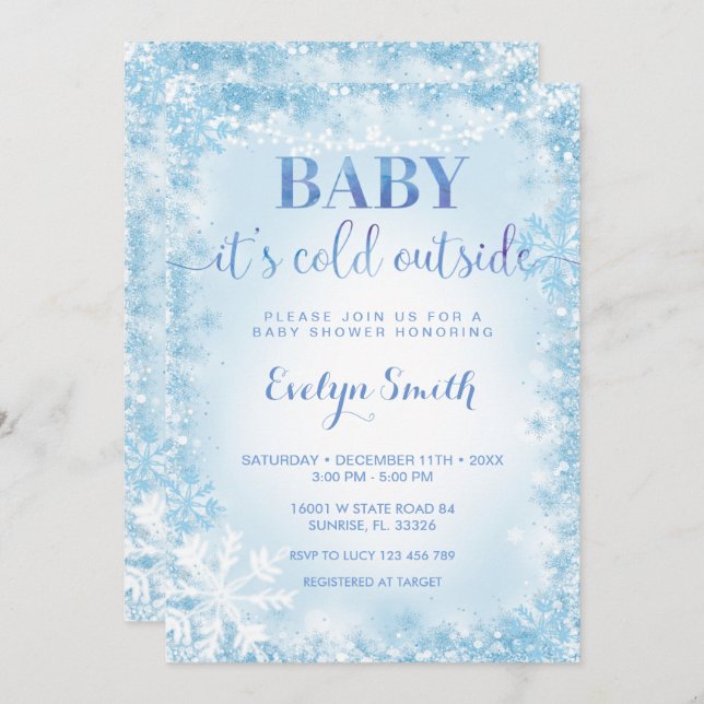 Blue Glitter Cold Outside Snowflake Baby Shower  I Invitation (Front/Back)