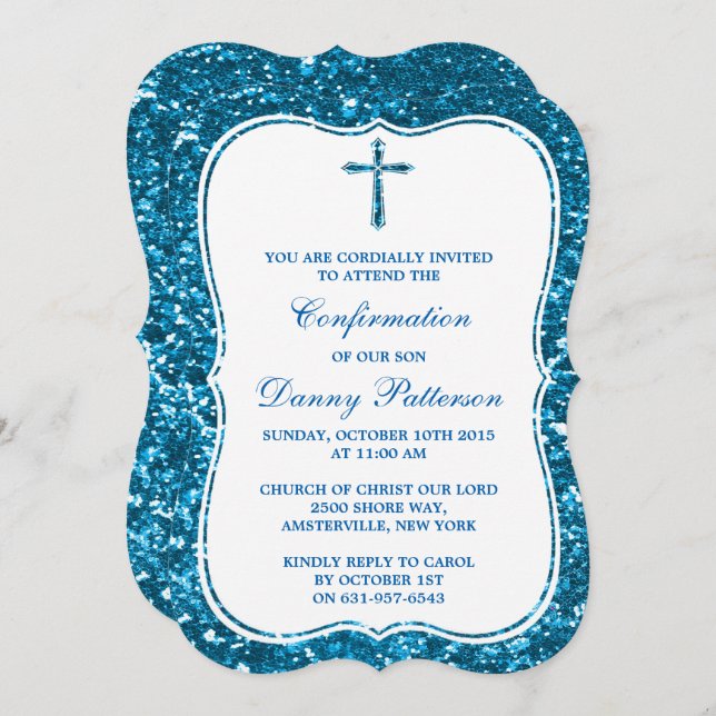 Blue Glitter Cross Holy Communion Or Confirmation Invitation (Front/Back)