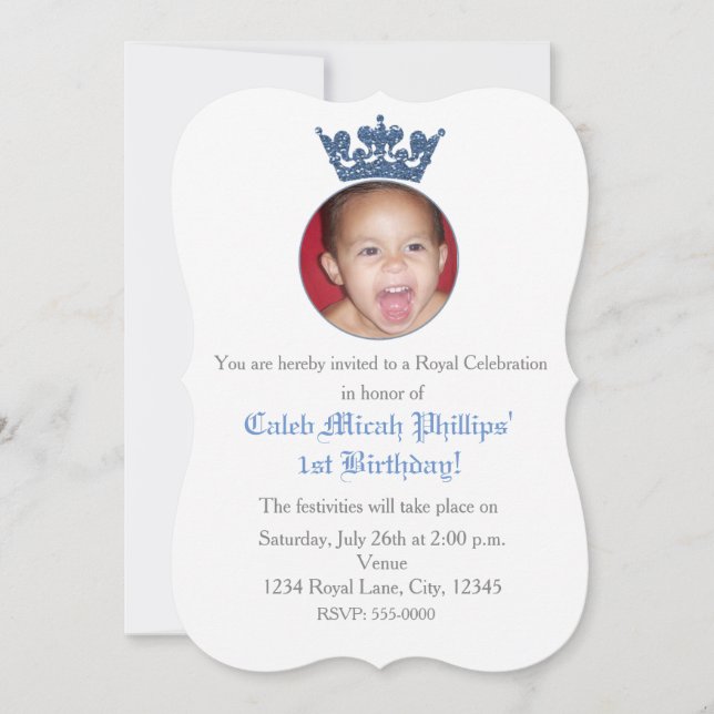 Blue Glitter Crown Royal Birthday Photo Invitation (Front)