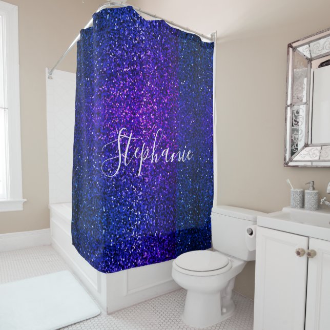 Blue Glitter Custom Name Elegant Sparkle Modern Shower Curtain (In Situ)