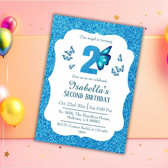 Blue glitter cute vibrant sparkling 2nd birthday invitation (Creator Uploaded)
