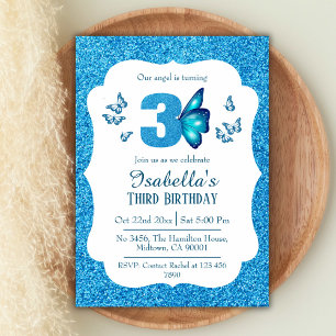 Blue glitter cute vibrant sparkling 3rd birthday invitation