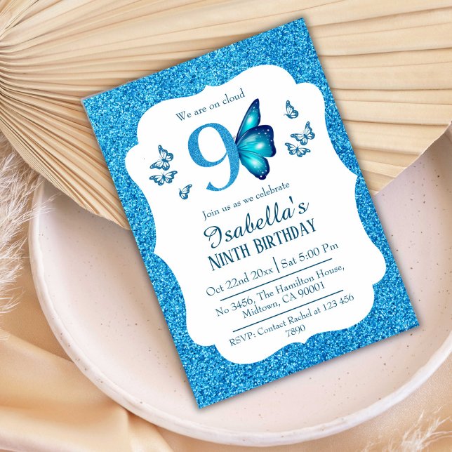 Blue glitter cute vibrant sparkling 9th birthday invitation (Creator Uploaded)