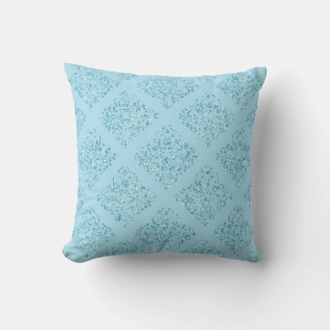 Blue Glitter Damask Cushion (Front)