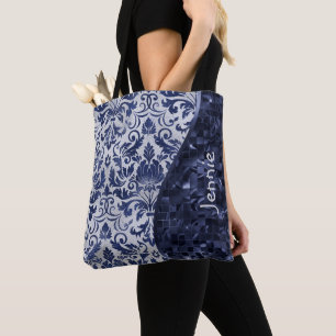 Blue Glitter Damask Pattern Glam Wave Personalised Tote Bag