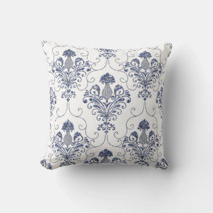 Blue Glitter Damask Reversible Throw Pillow