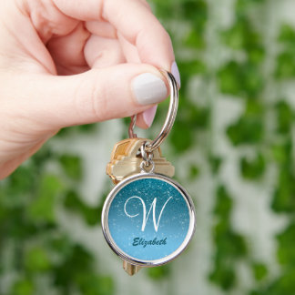 Blue Glitter Diamond Sparkles Monogram Silver Key Ring