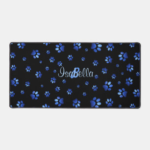 Blue glitter dog paw pattern, Monogram Desk Mat