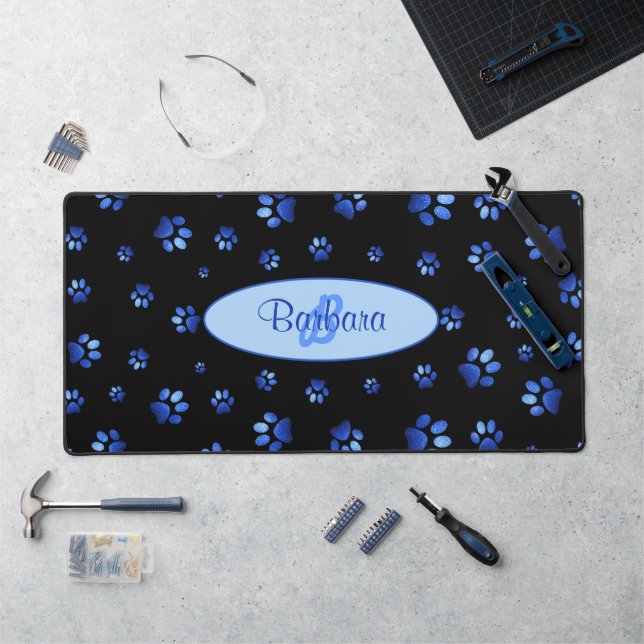 Blue glitter dog paw pattern Monogram Desk Mat (Workstation)