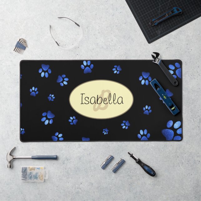 Blue glitter dog paw pattern, Monogram  Desk Mat (Workstation)